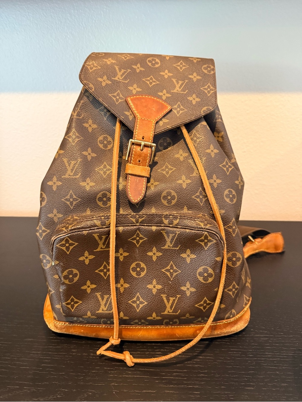 Louis Vuitton Brown Monogram Canvas Drawstring Backpack with Tan Trim